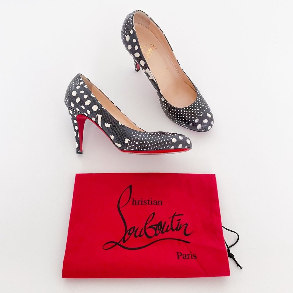Christian Louboutin Fifi 85 Pumps Watersnake Size 37.5 US 7.5 Black White Snake